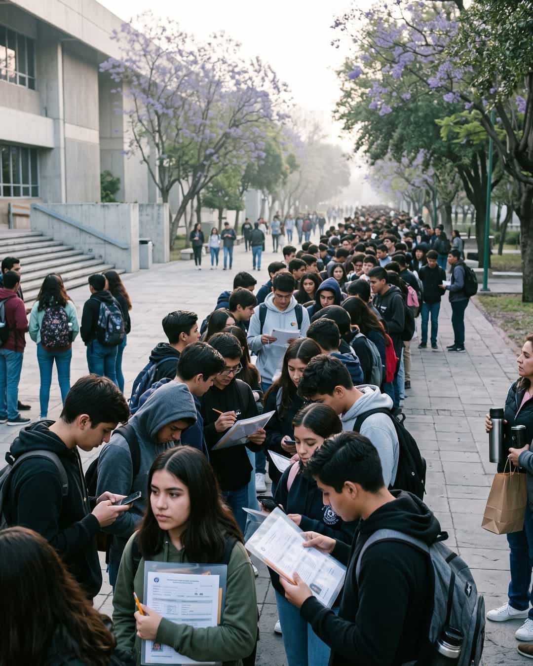 Fila larga de aspirantes con folders y celulares esperando un examen de admisión.