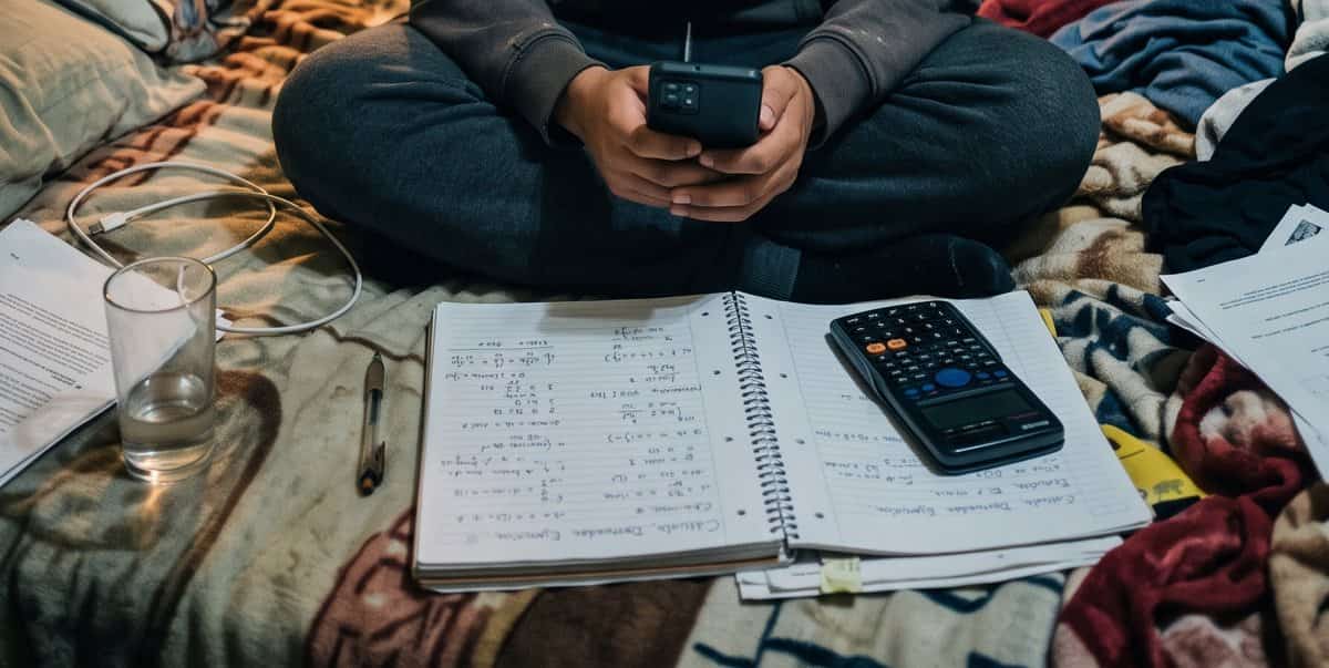 Un estudiante contesta en su celular de noche, sobre la cama, con cuaderno y calculadora.