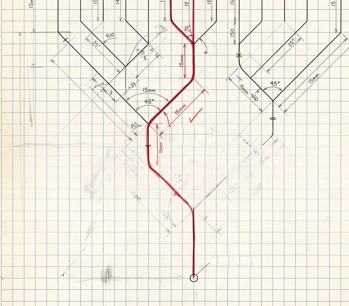 Dibujo técnico a lápiz: un punto de origen que se abre en muchas rutas; una marcada en rojo.